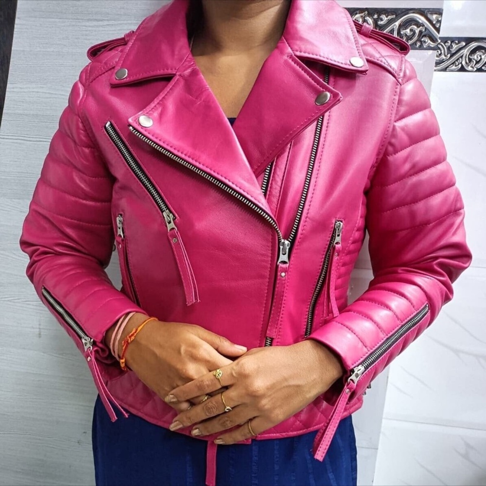 Women’s Hot Pink Motorcycle Leather Jacket Quilted Handmade Slim Fit Jacket